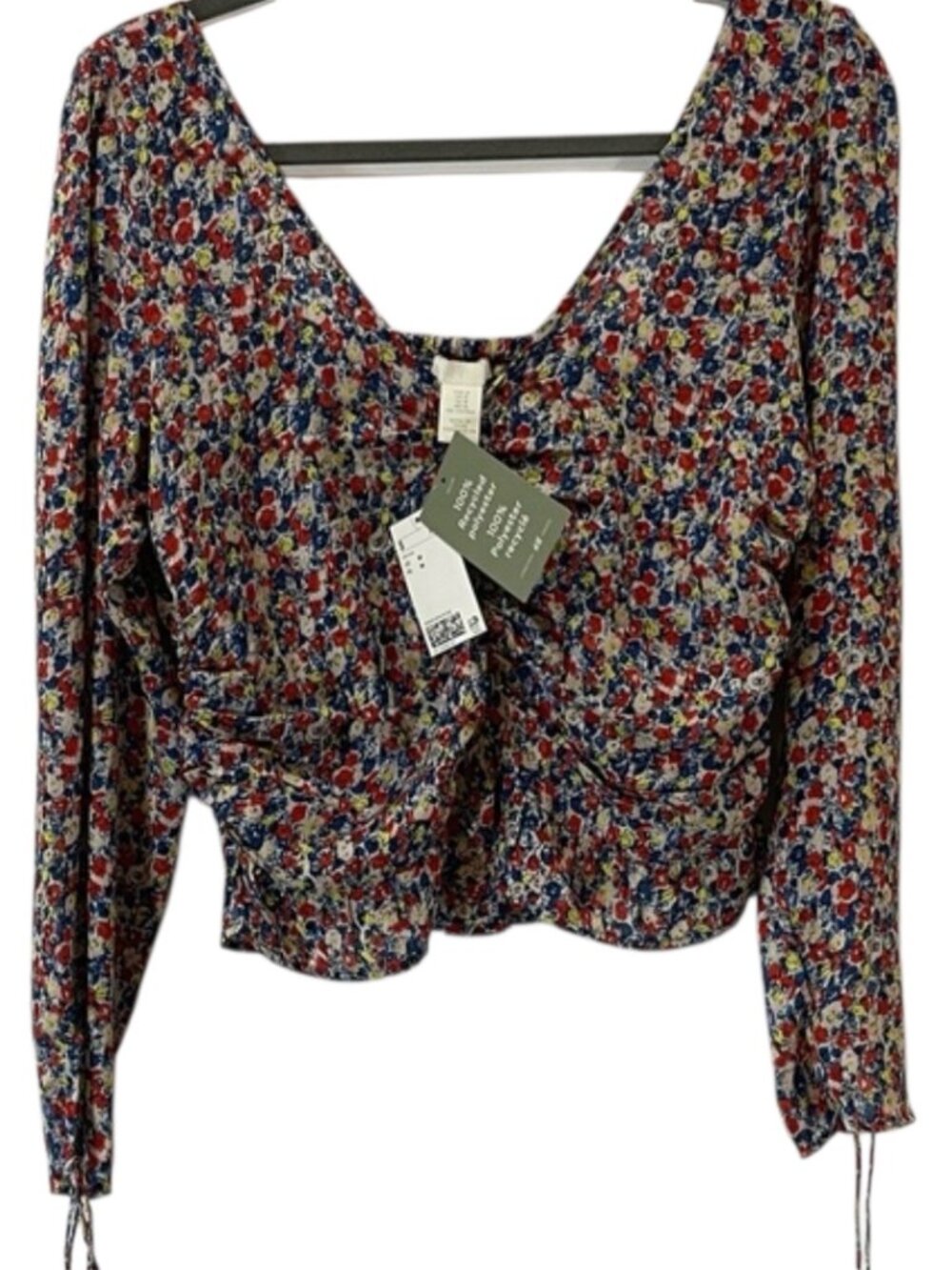 H&M Floral Long-Sleeve Crop Blouse in Red, Blue, Yellow
